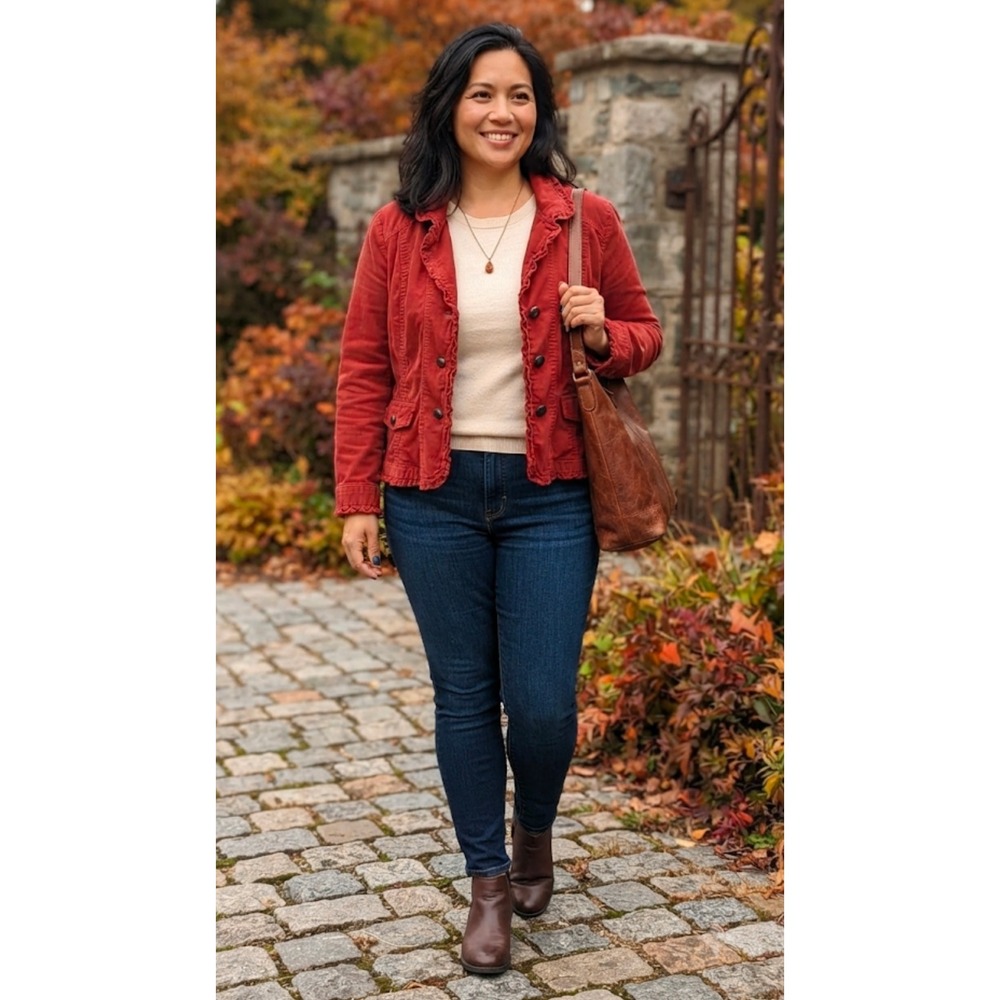 Sundance Red Corduroy Ruffle Trim Button Front Jacket Women Large